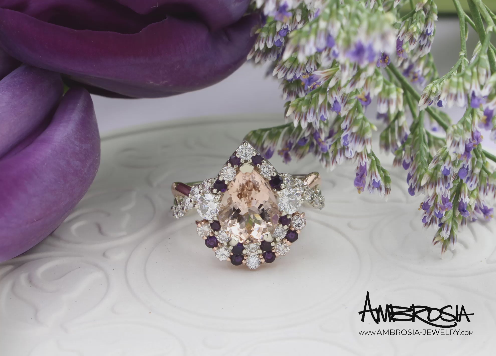Double Pear Halo Morganite Amethyst Diamond Twist Ring