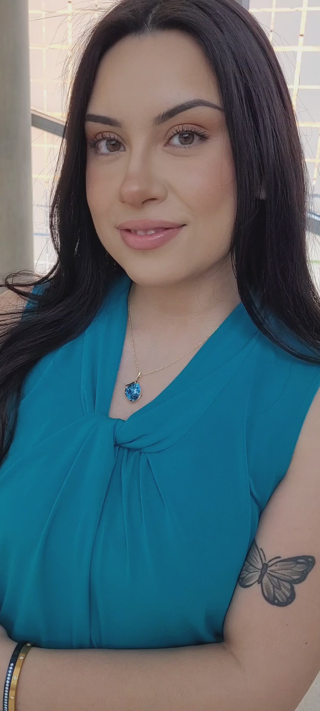 Freeform Offset London Blue Topaz Diamond Gold Necklace