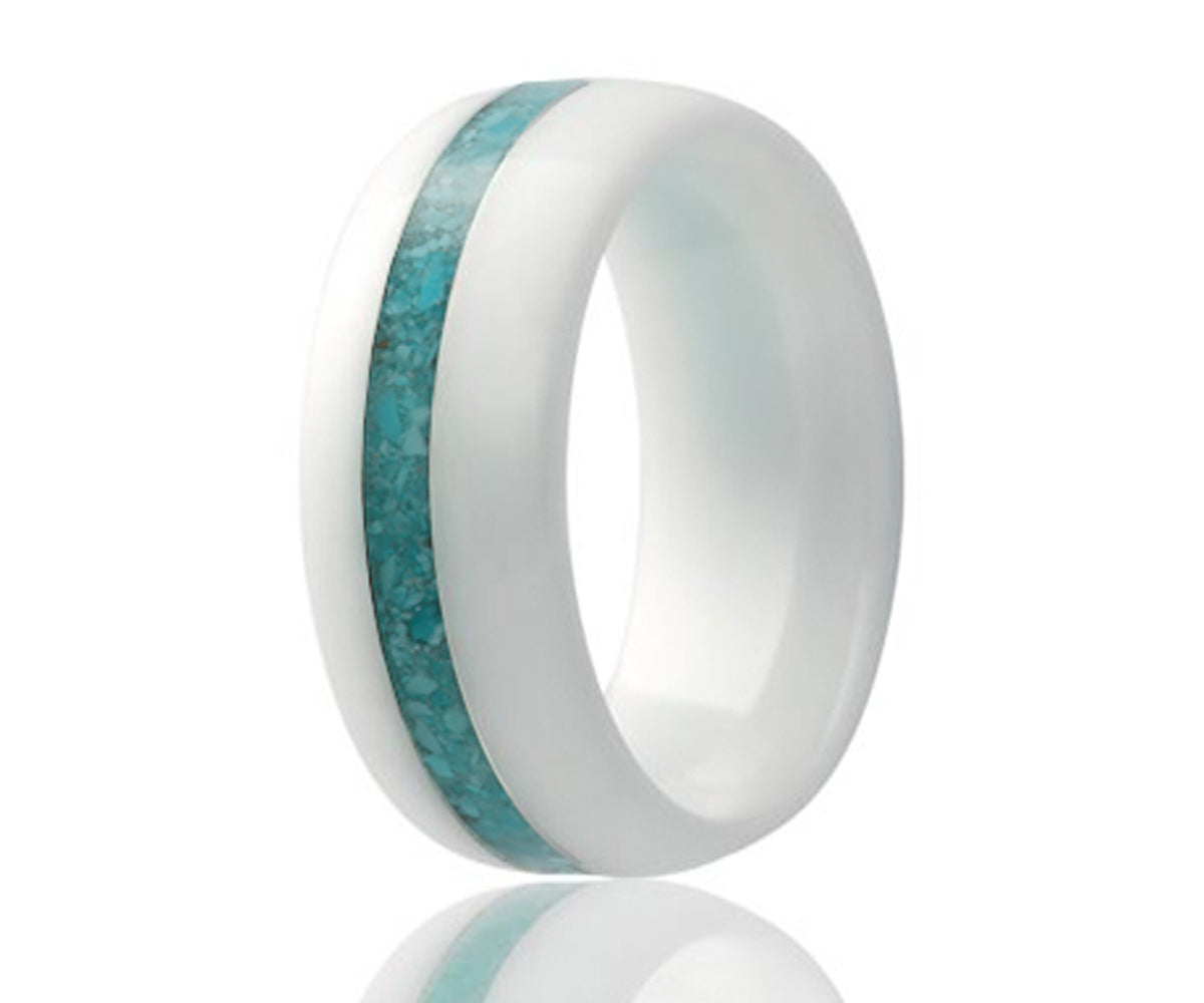 White Ceramic Turquoise Inlay Domed Ring