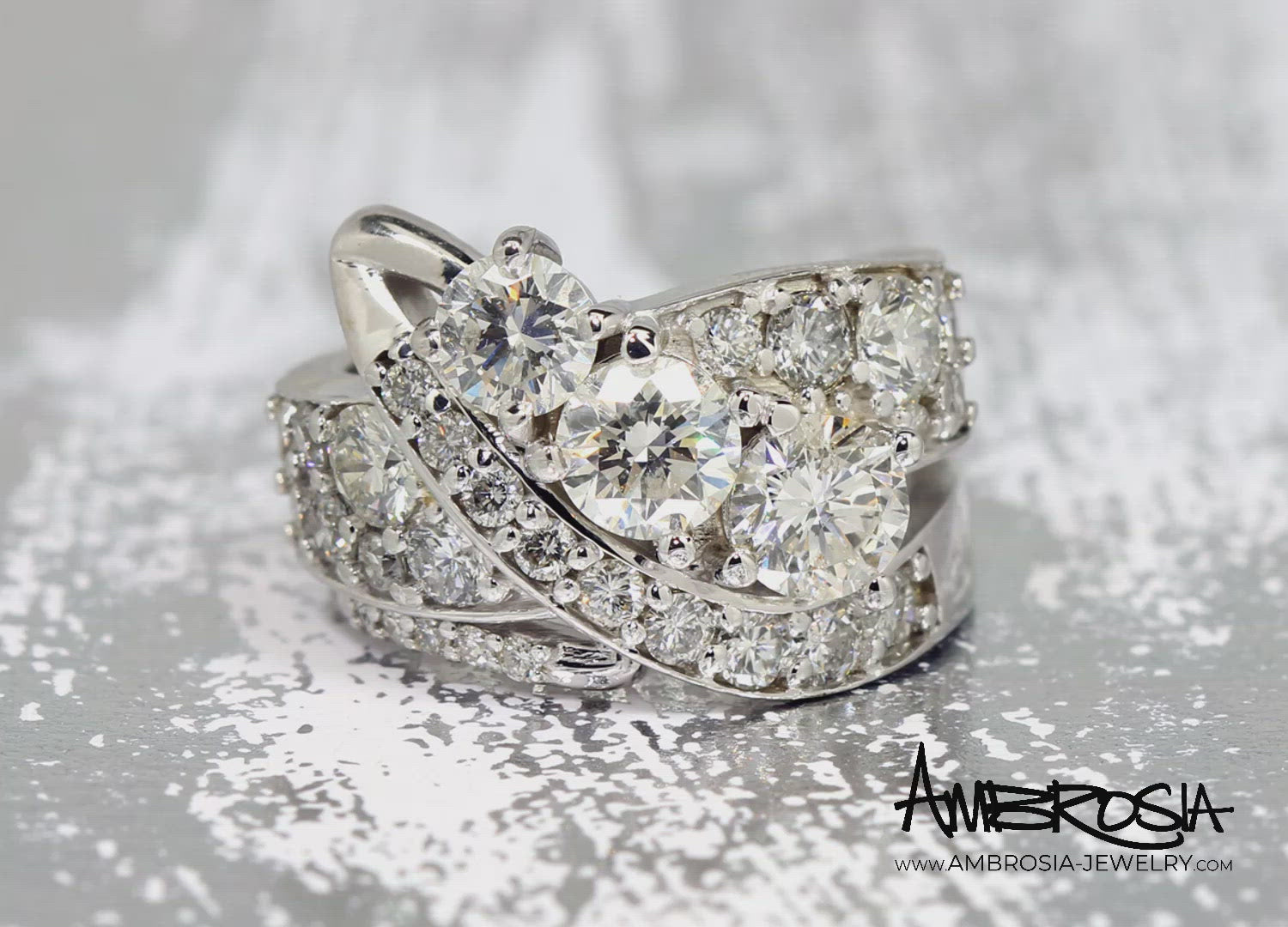 Contemporary Artistic Three Diamond Pave Ring