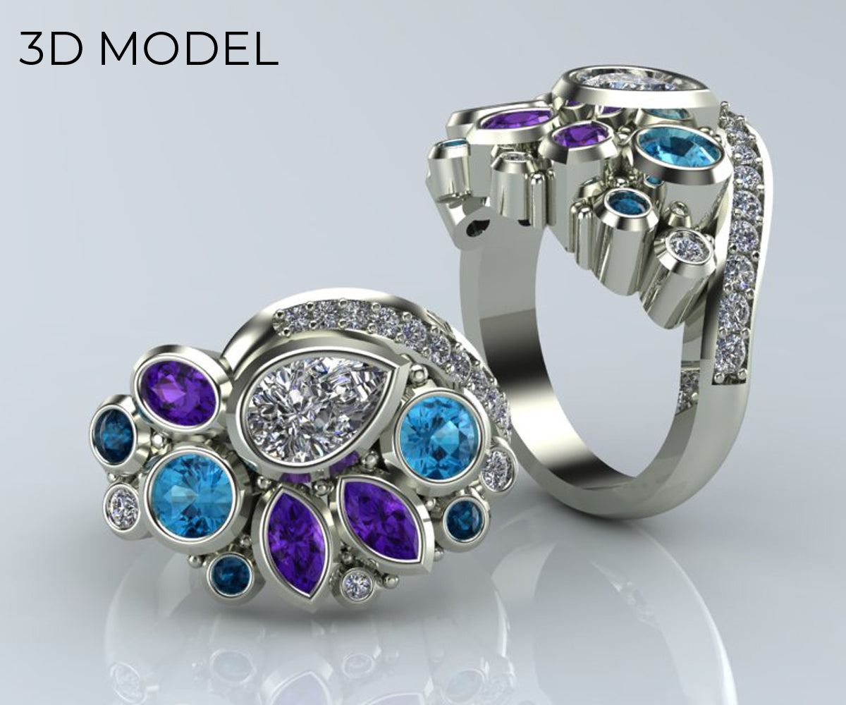 Colorful Pear Diamond Cluster Ring