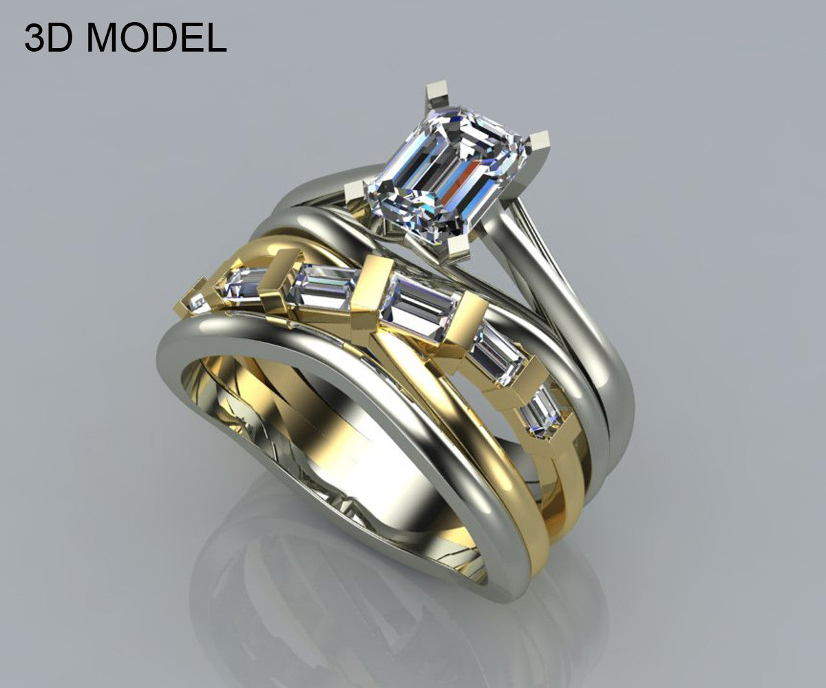 Contemporary Emerald Diamond Wedding Ring Set
