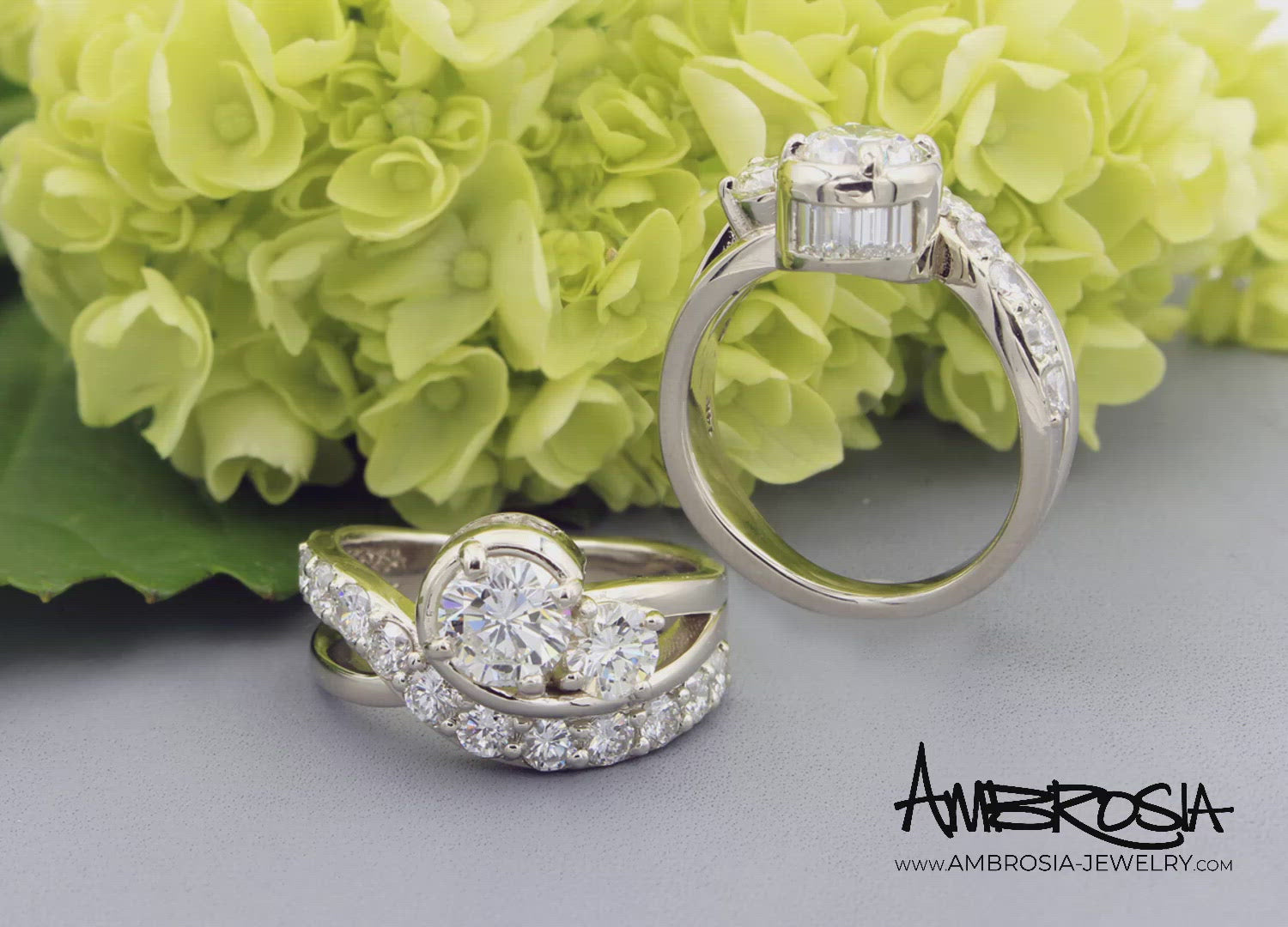 Curved Swirl Round Diamond and Baguette Ring