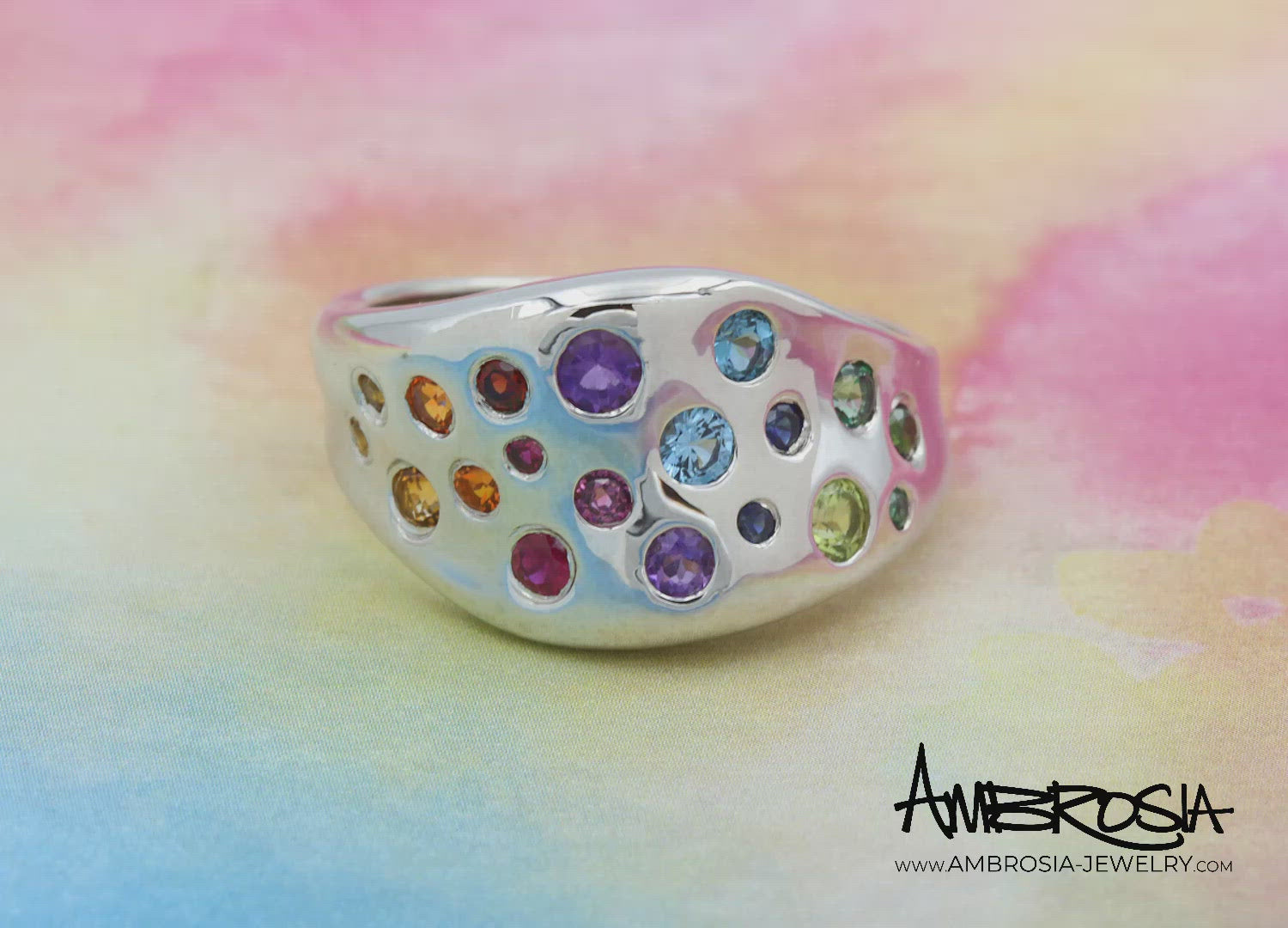 Rainbow Gemstone Wavy Concave Statement Ring