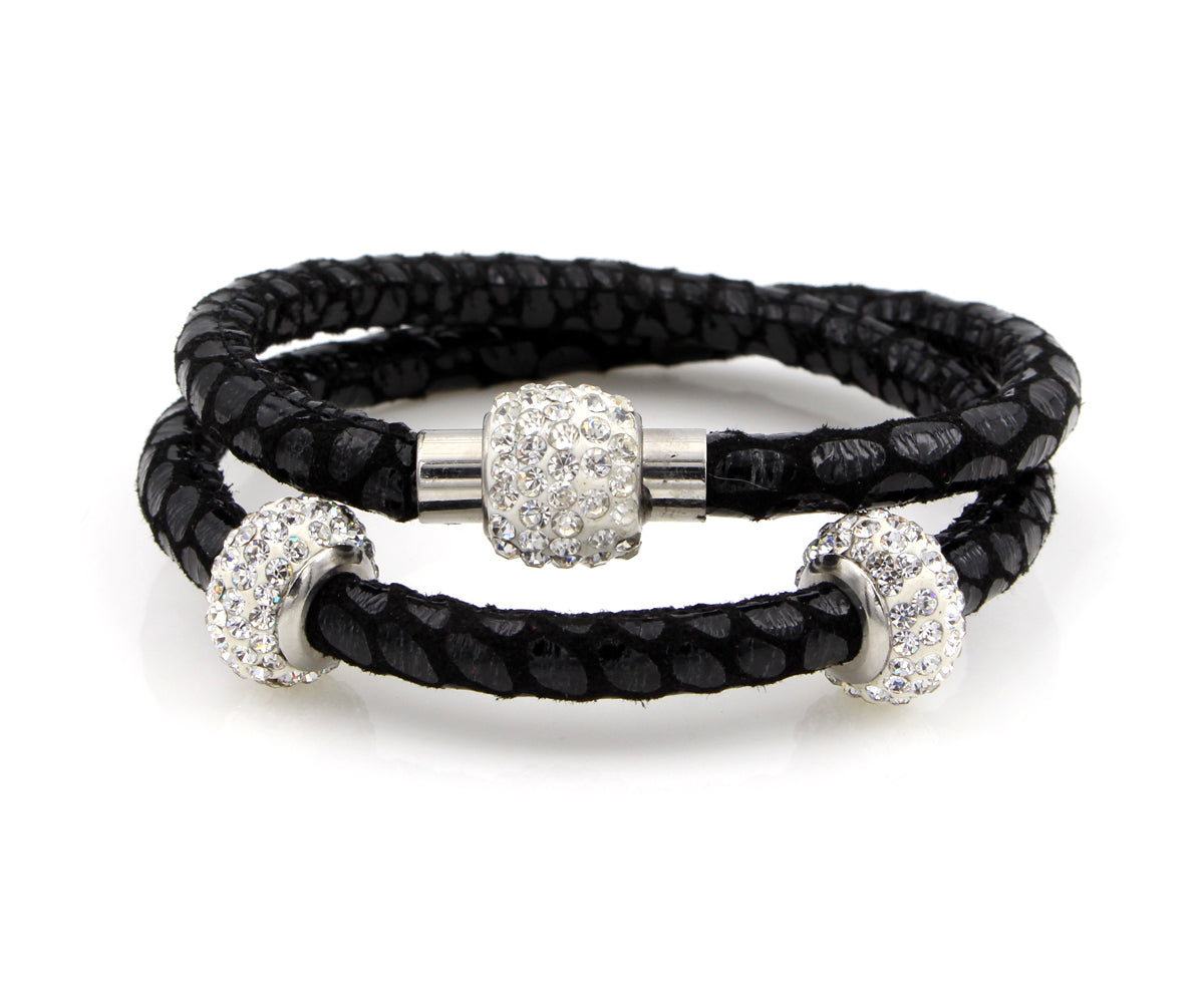 Double Wrap Swarovski Crystals Black Leather Bracelet