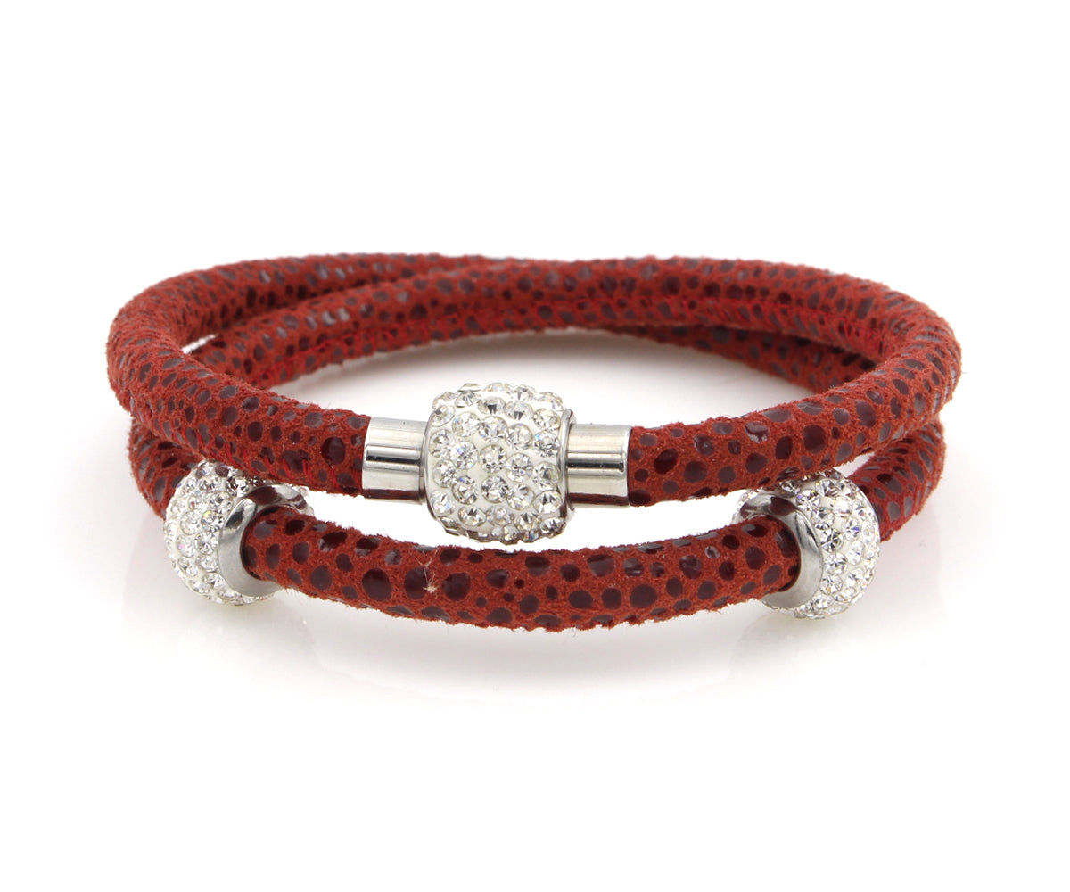 Double Wrap Swarovski Crystals Red Leather Bracelet