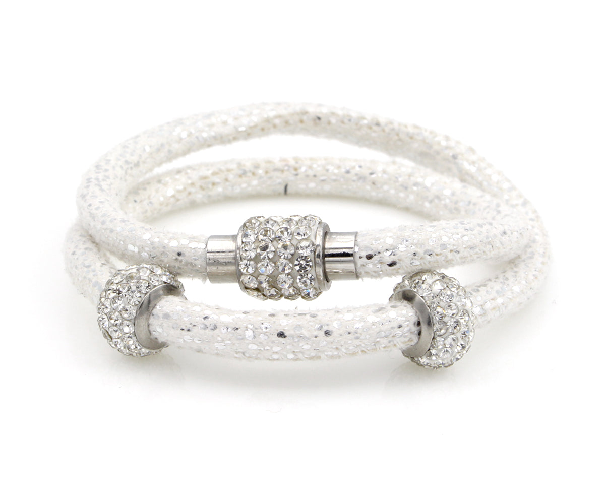 Double Wrap Swarovski Crystals White Leather Bracelet