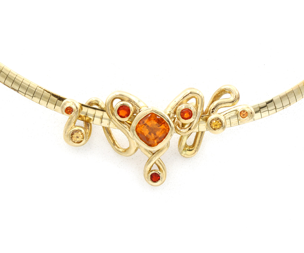 natural orange sapphire cushion bezel artistic gold necklace
