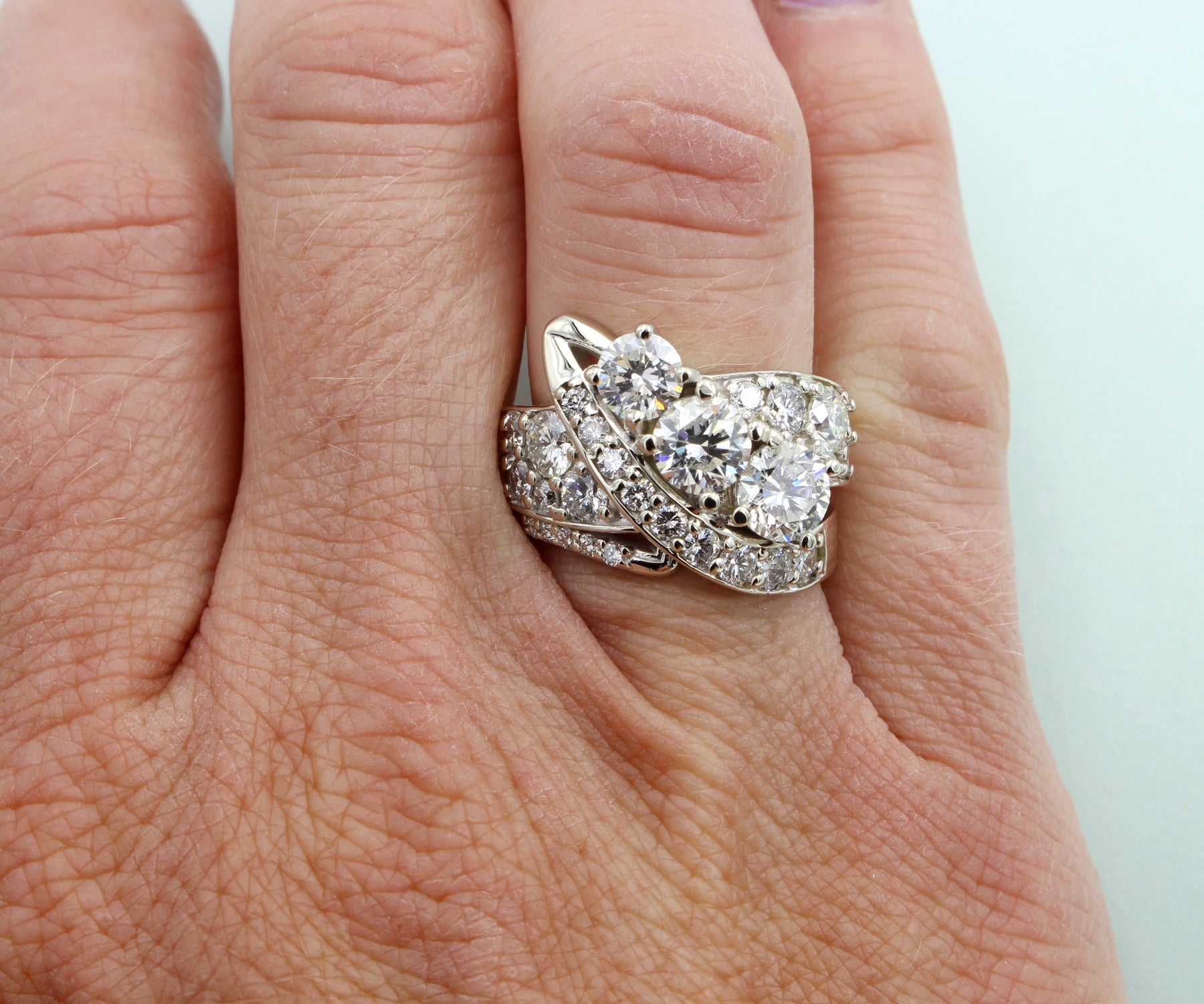 Contemporary Artistic Three Diamond Pave Ring
