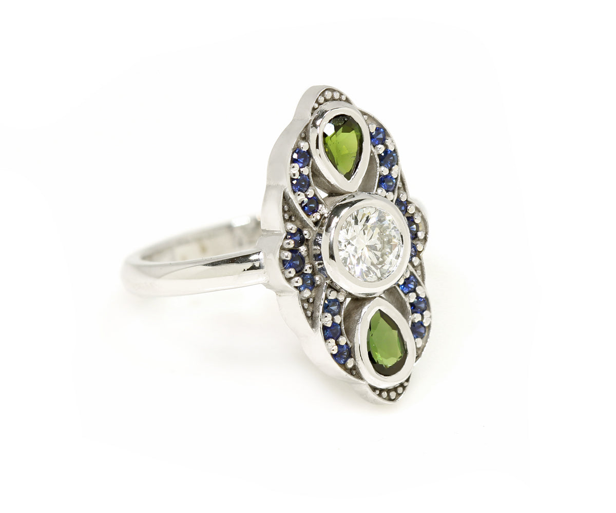 Vintage Inspired Blue Sapphire Tourmaline Diamond Engagement Ring