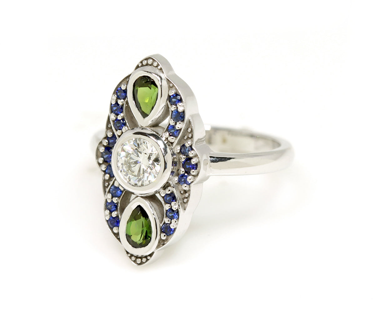 Vintage Inspired Blue Sapphire Tourmaline Diamond Engagement Ring