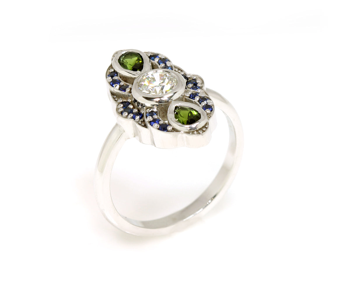 Vintage Inspired Blue Sapphire Tourmaline Diamond Engagement Ring