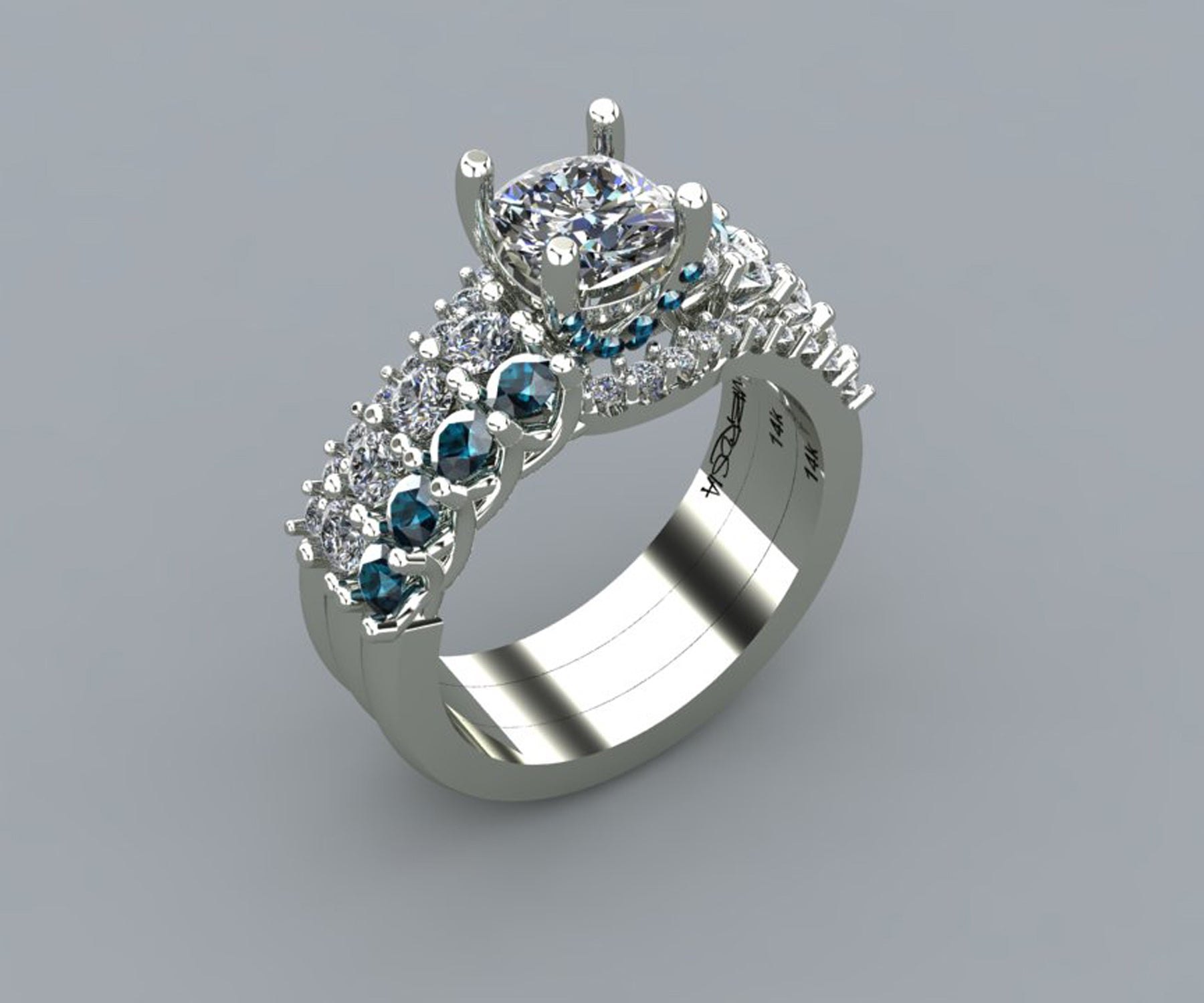 Classic Cushion Diamond and Blue Accent Wedding Ring