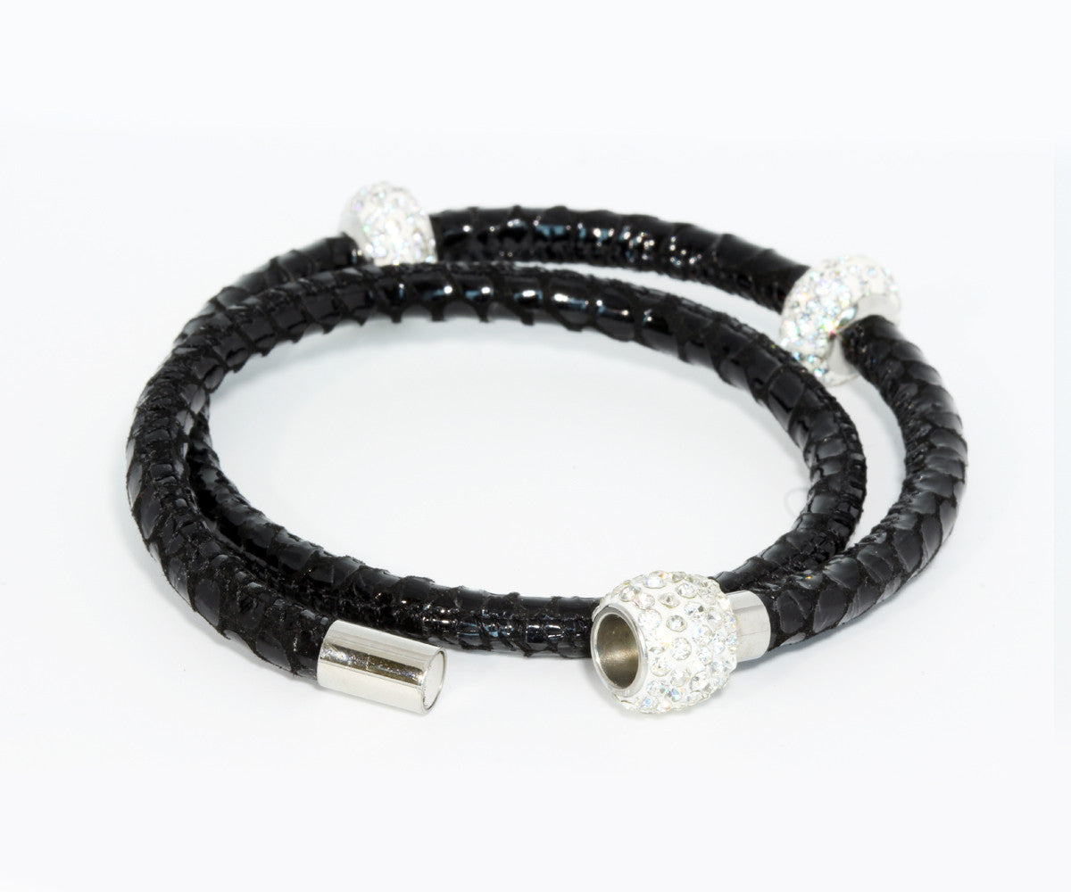Double Wrap Swarovski Crystals Black Leather Bracelet