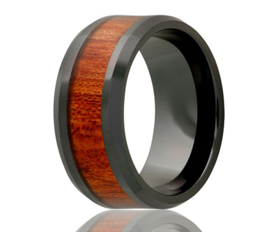 Black Ceramic Inlay Blood Wood Beveled Edge Ring