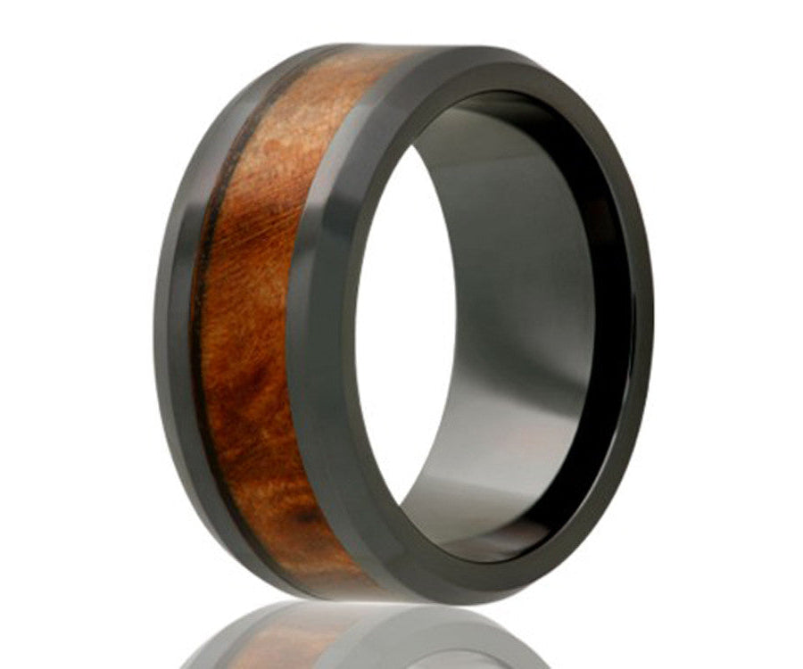 Black Ceramic Inlay Burl Wood Beveled Edge Ring