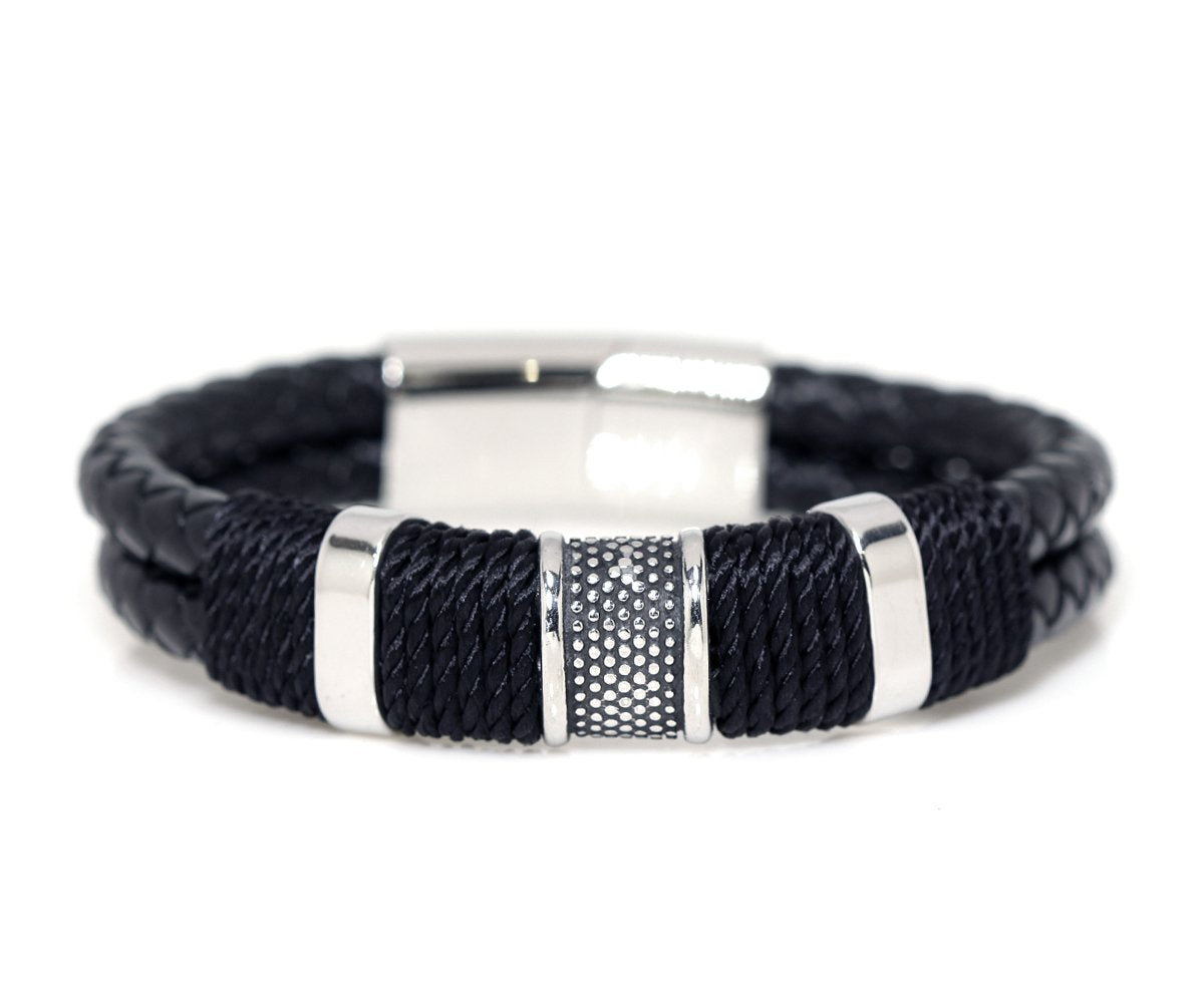 Mens black stainless steel leather bracelet