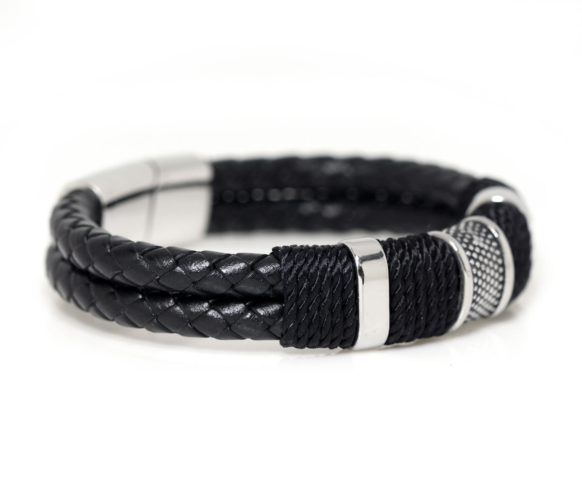 Stainless Steel Black Braided Leather Bracelet