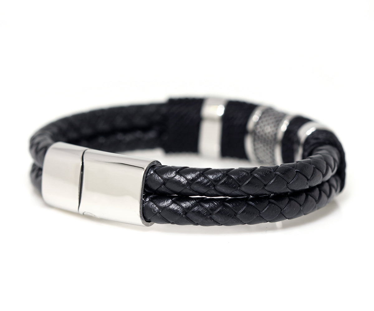 Stainless Steel Black Braided Leather Bracelet