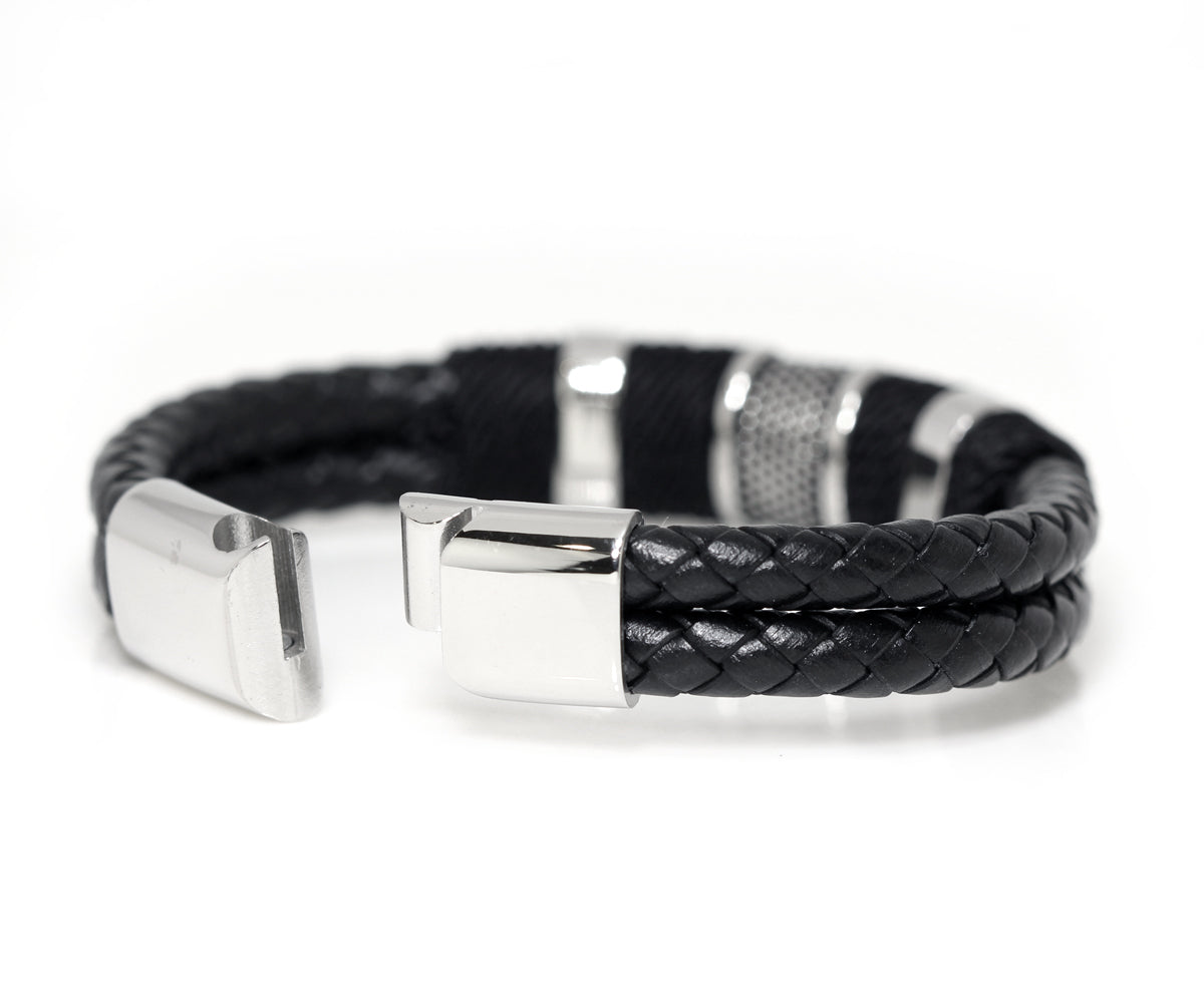 Stainless Steel Black Braided Leather Bracelet