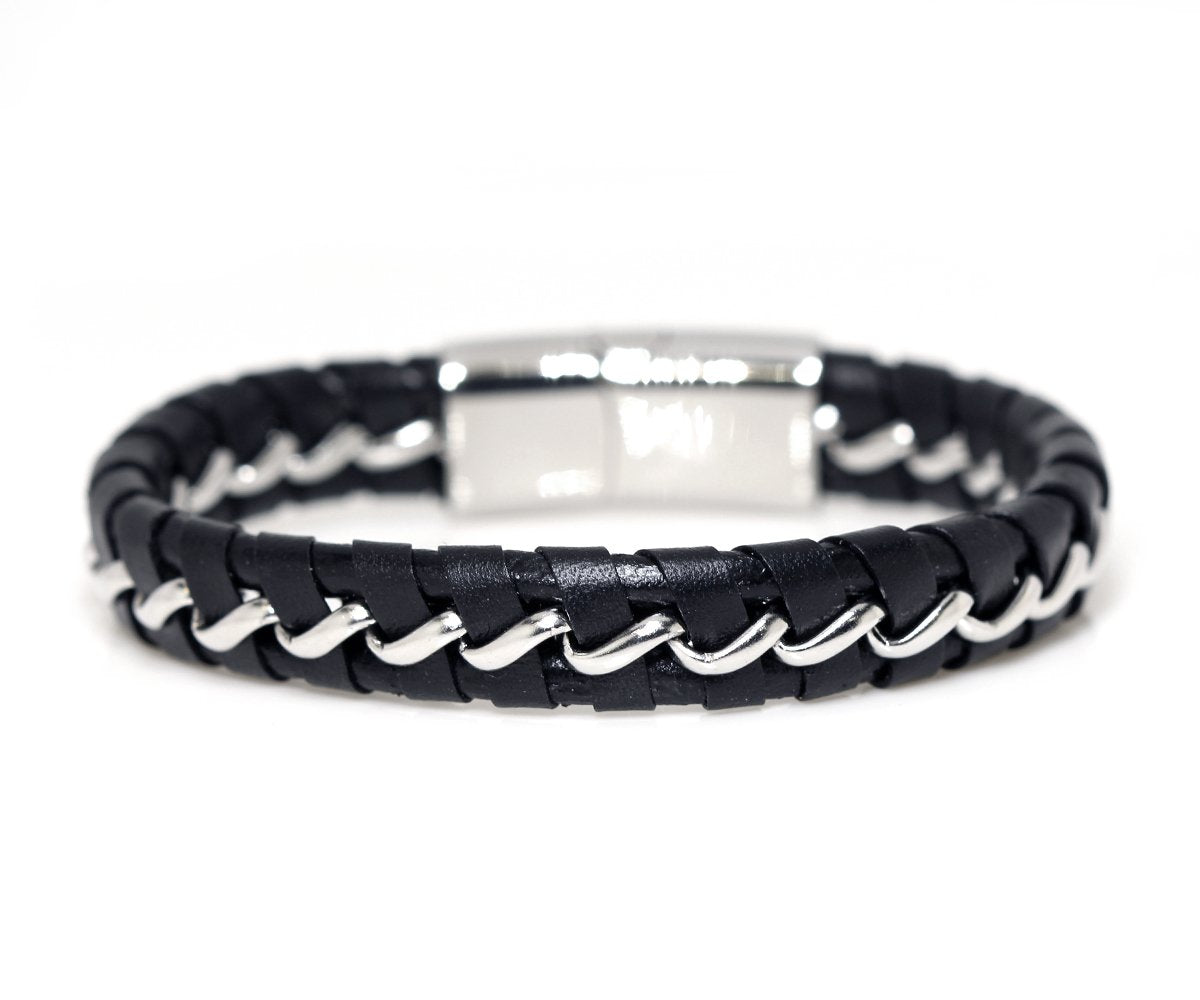 Mens braided chain and black leather bracelet