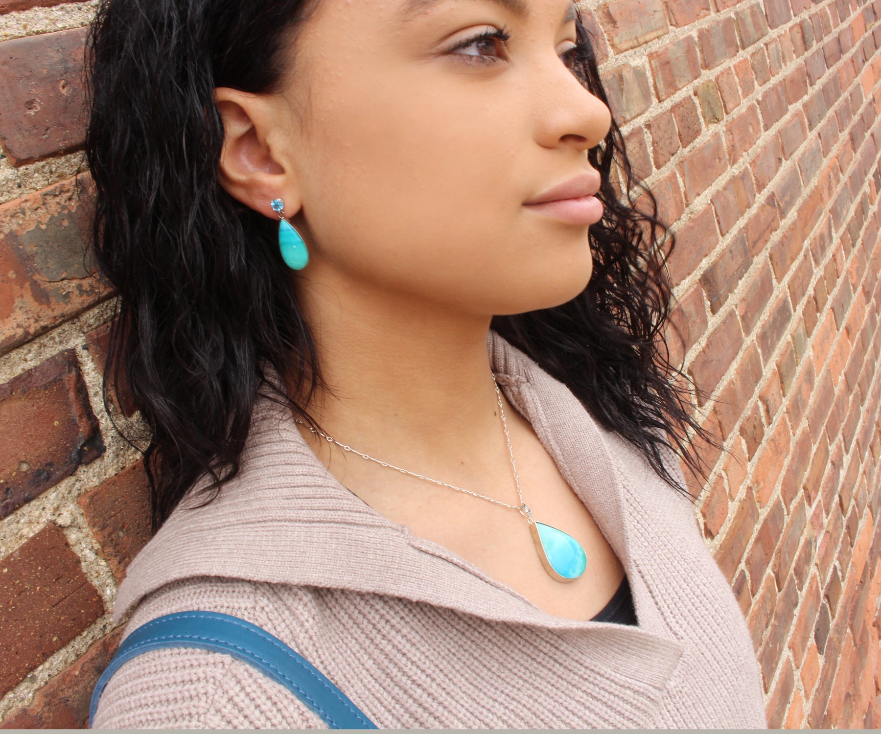 Beach Opal Petrified Wood Teardrop Earrings