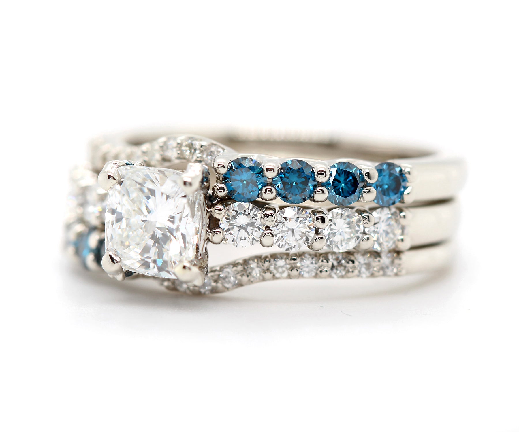 Classic Cushion Diamond and Blue Accent Wedding Ring