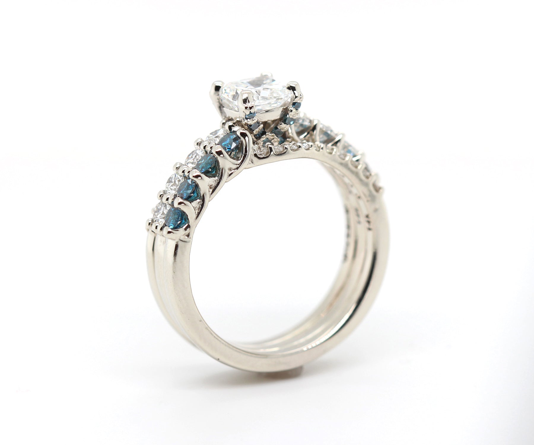 Classic Cushion Diamond and Blue Accent Wedding Ring