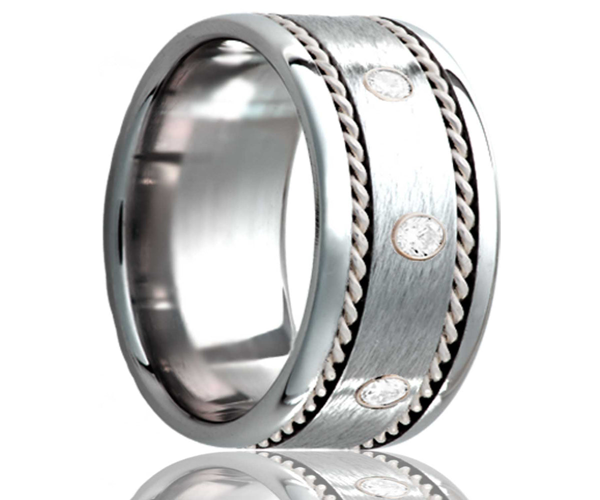 Anillo de platino tejido con acabado satinado y diamantes de cobalto