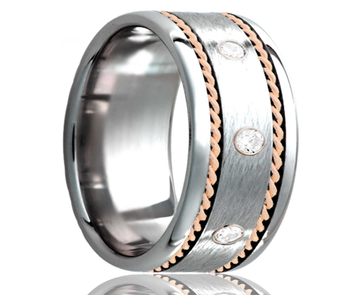 Anillo de oro rosa tejido con acabado satinado y diamantes de cobalto
