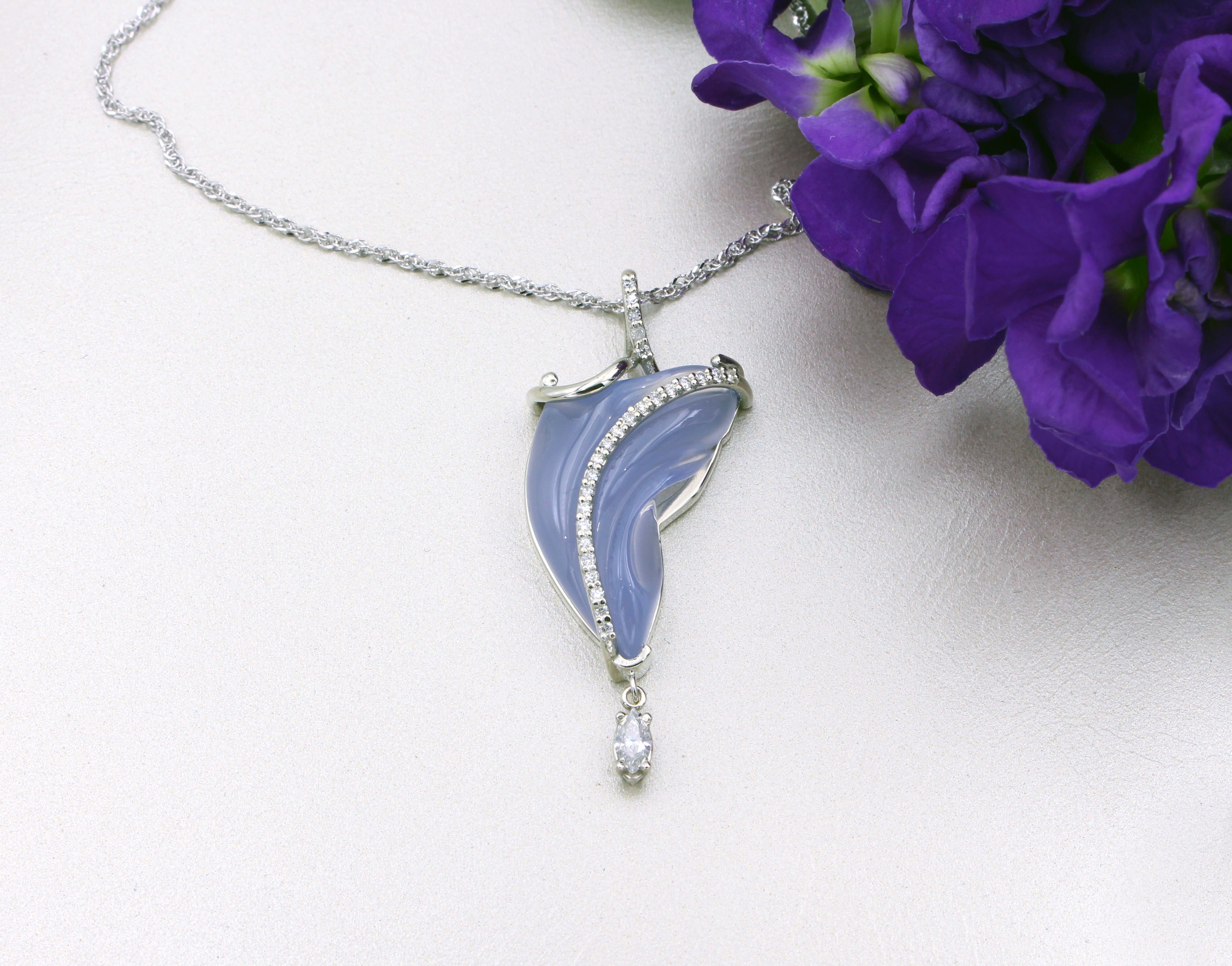 Freeform Carved Chalcedony Diamond Necklace