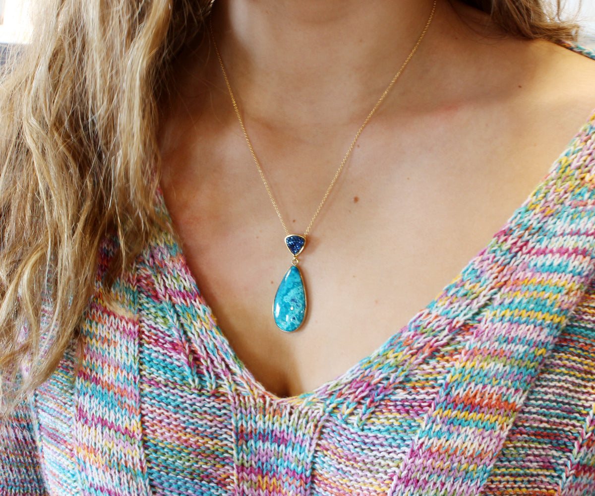 Double Drop Chrysocolla Blue Druzy Gold Necklace