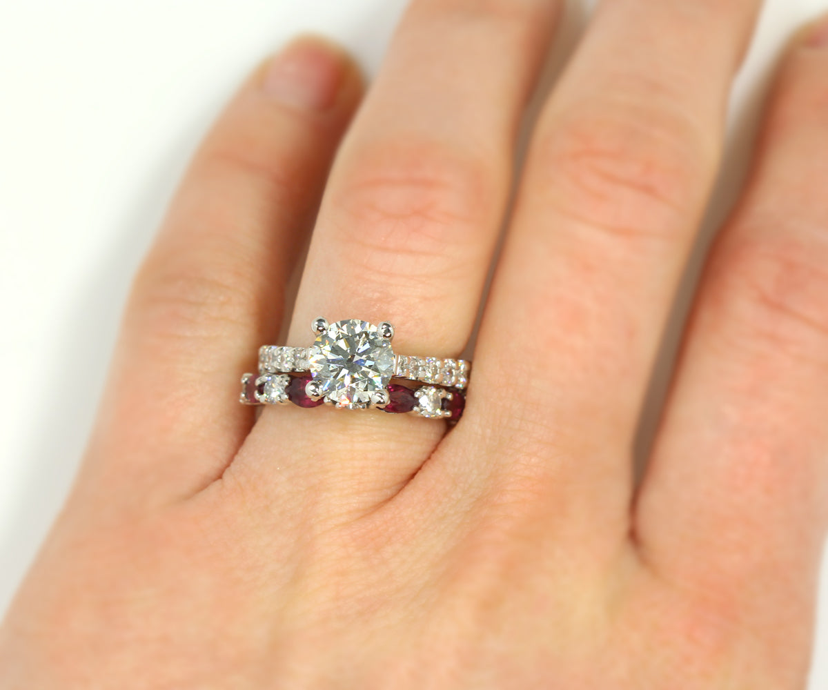 Cathedral Diamond and Ruby Platinum Wedding Ring Set