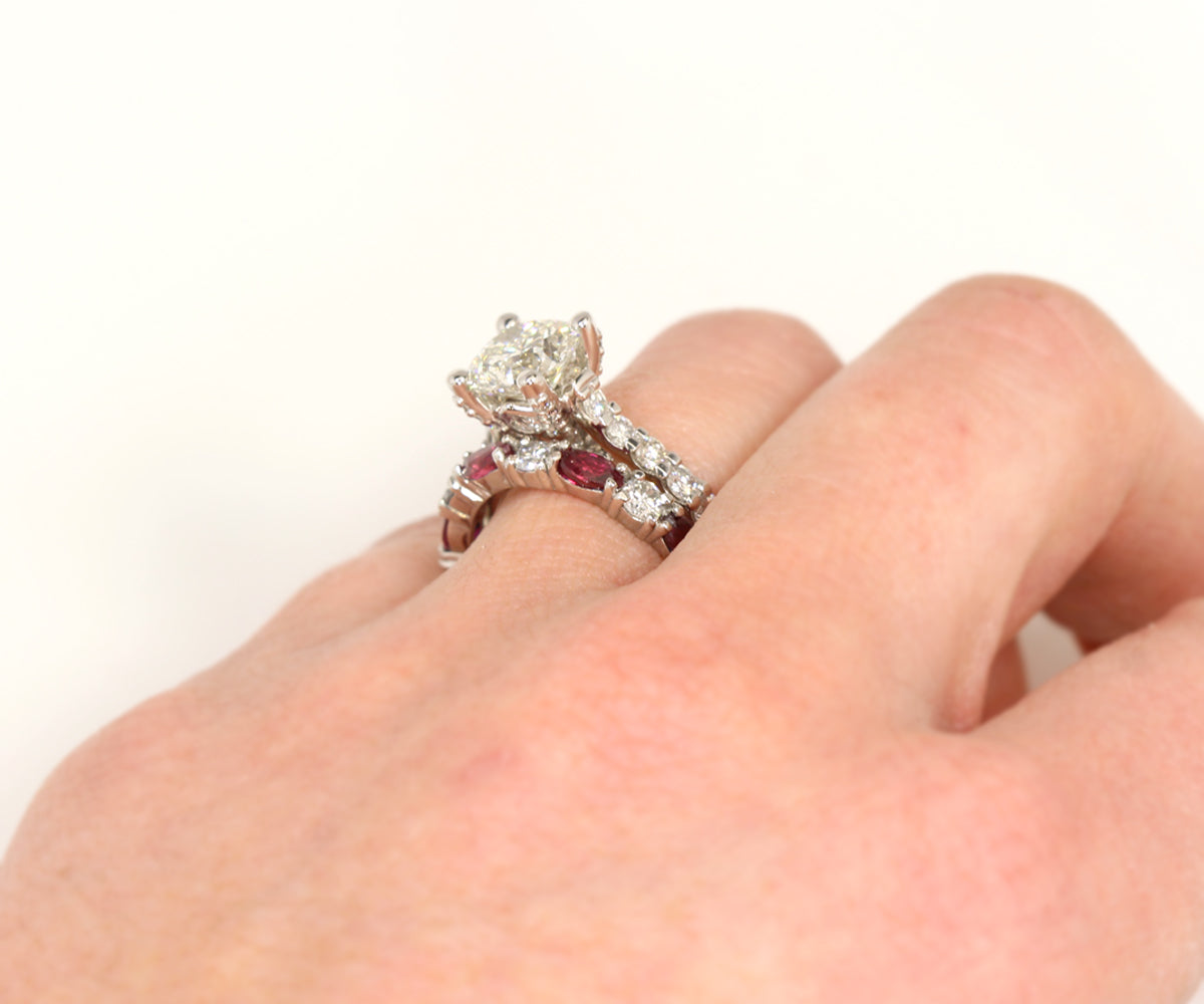 Cathedral Diamond and Ruby Platinum Wedding Ring Set