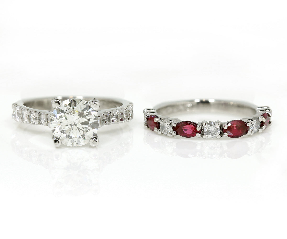 Cathedral Diamond and Ruby Platinum Wedding Ring Set