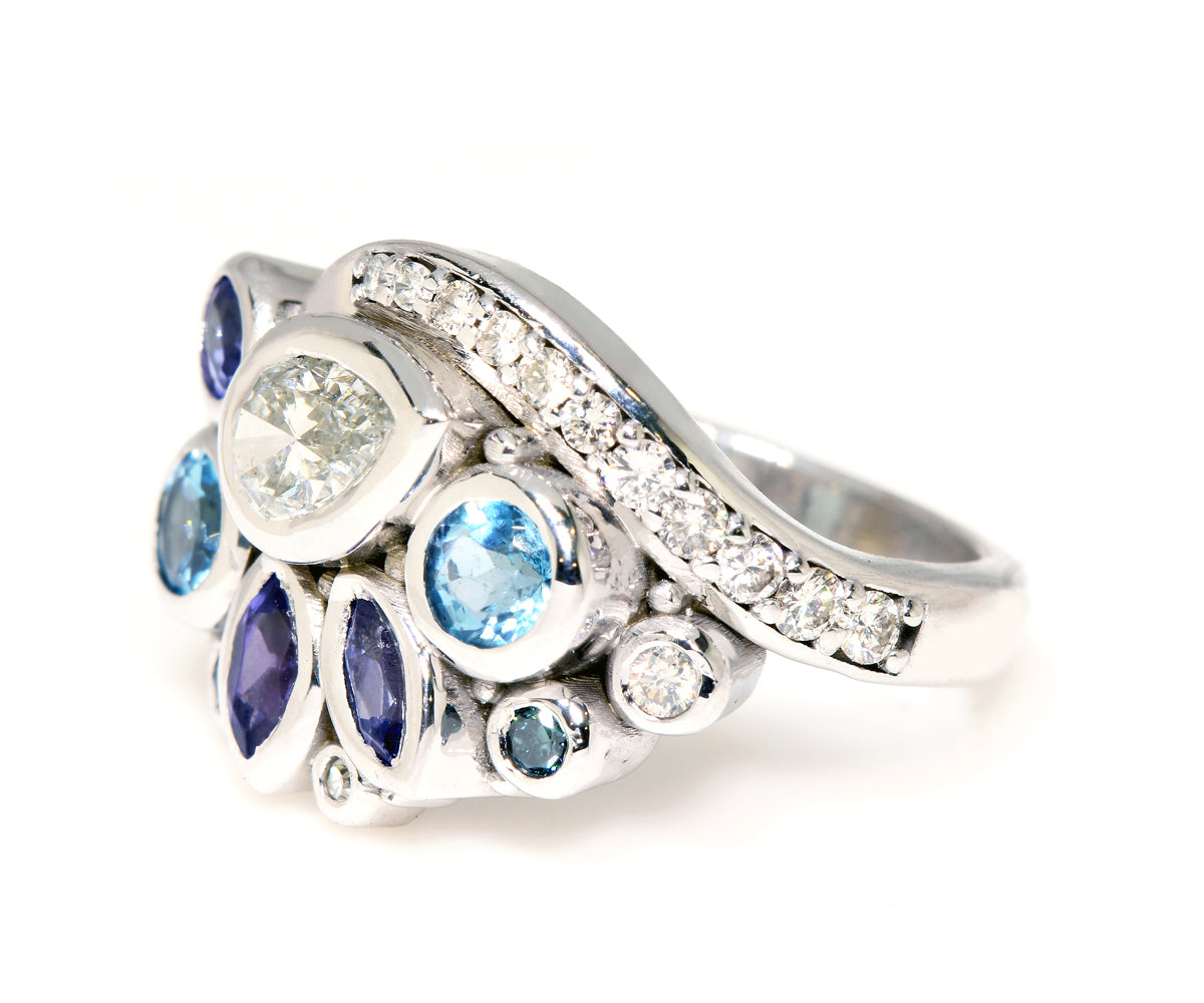 Colorful Pear Diamond Cluster Ring
