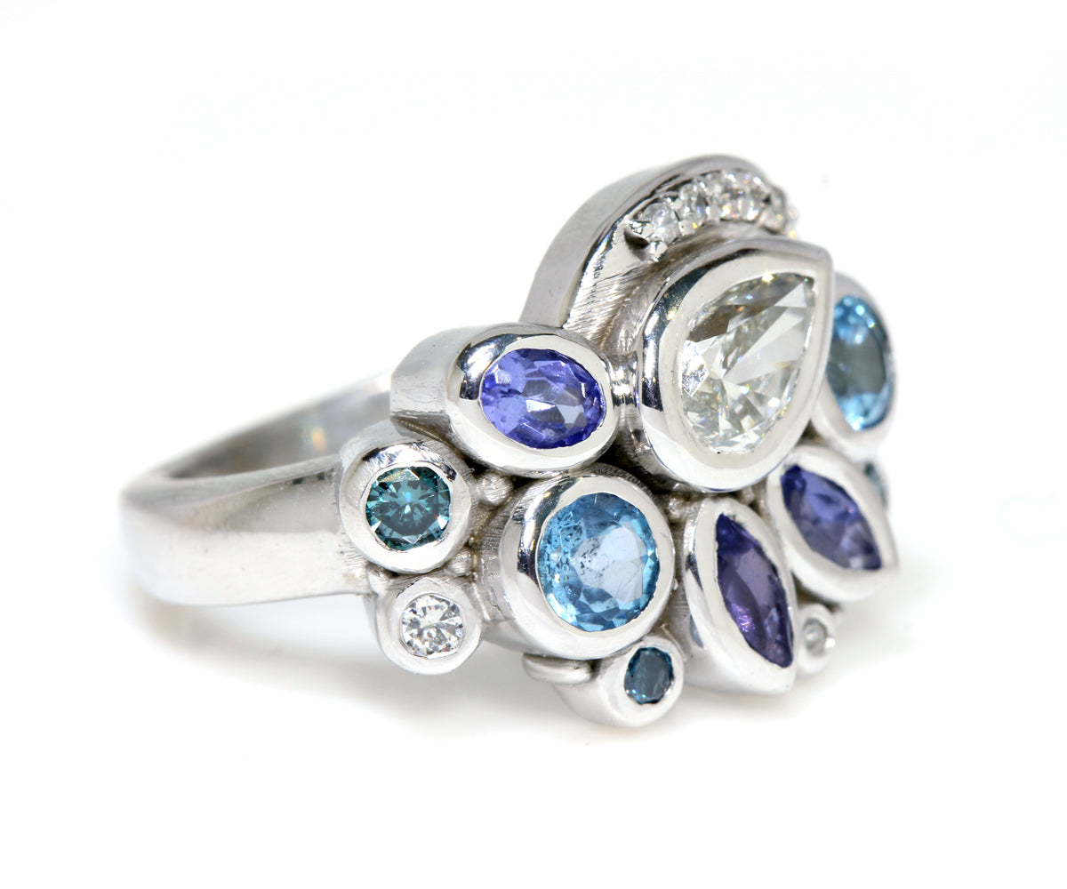 Colorful Pear Diamond Cluster Ring