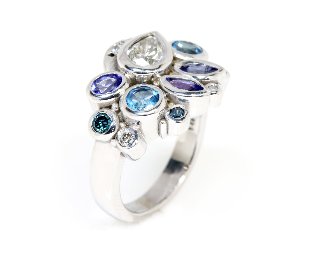 Colorful Pear Diamond Cluster Ring