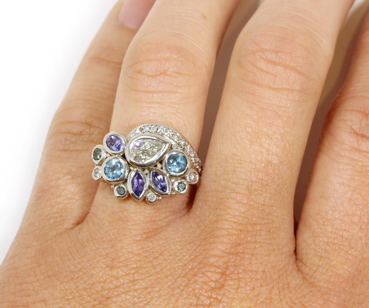 Colorful Pear Diamond Cluster Ring