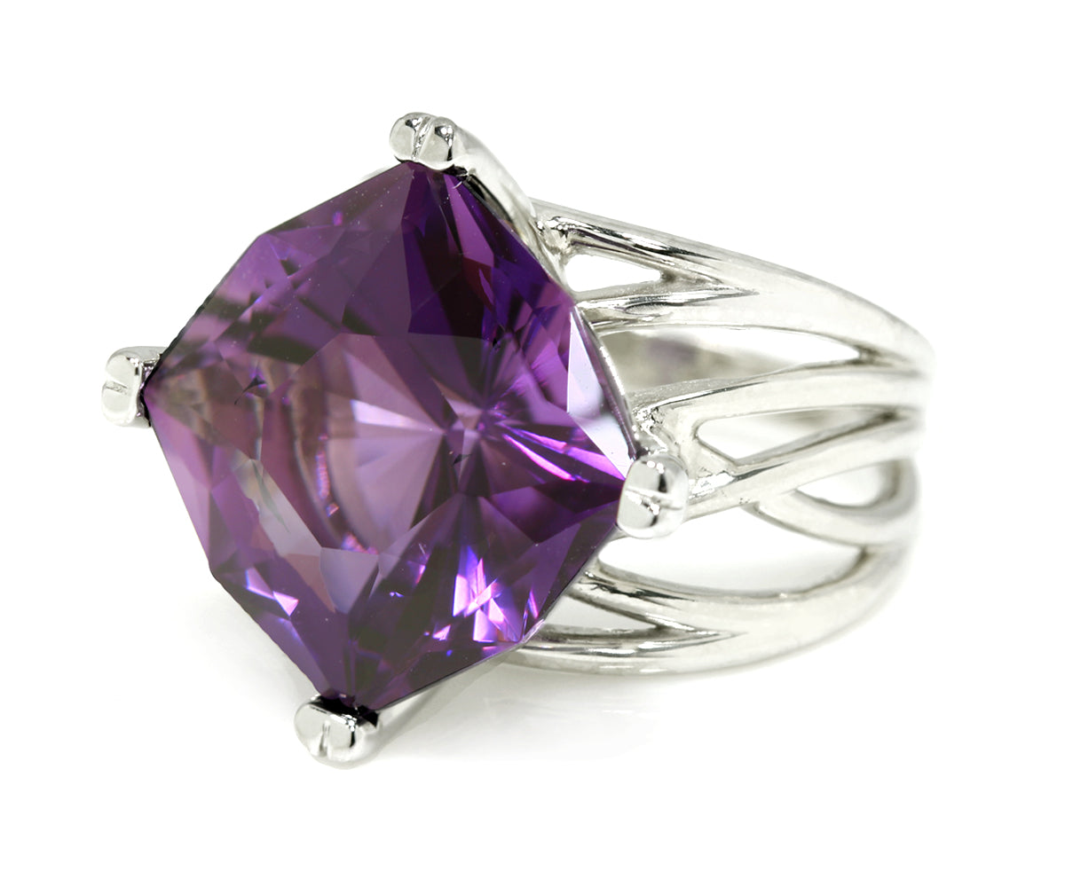 large square genuine amethyst wide criss cross weave sterling silver womens ring