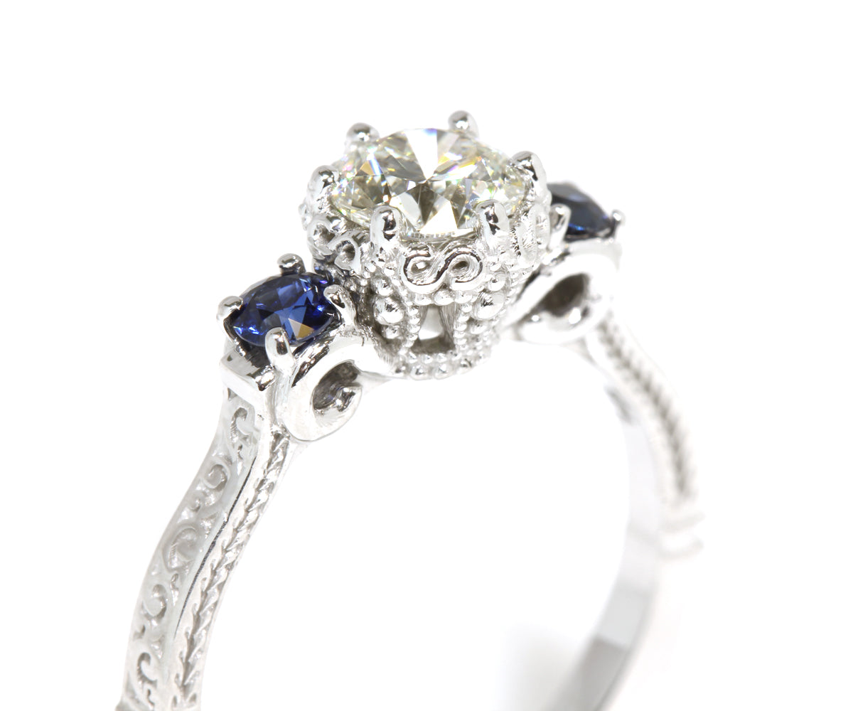 Crown Diamond and Sapphire Engagement Ring