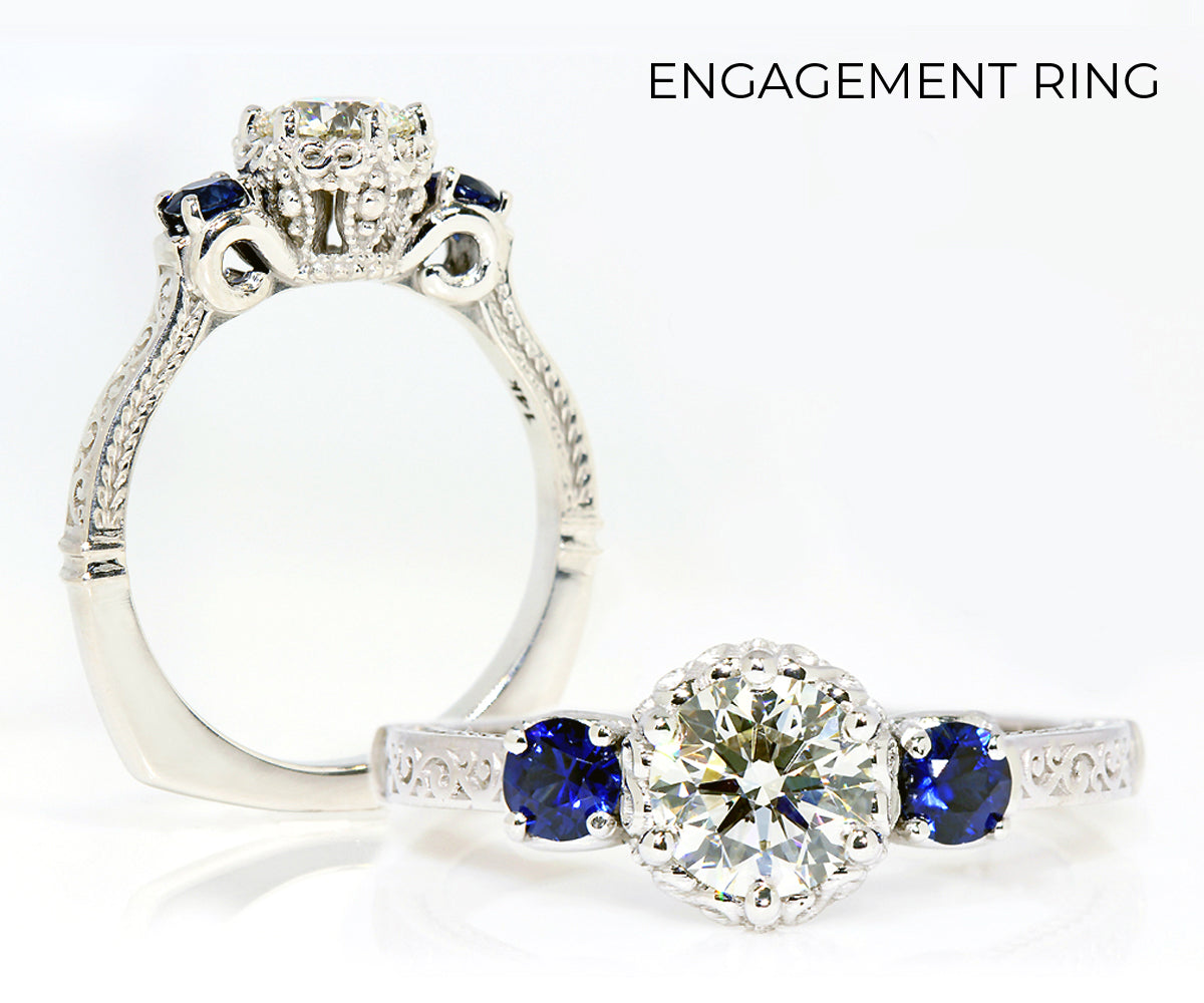 Floral Halo Vintage Leaf Designed Wedding Ring Set