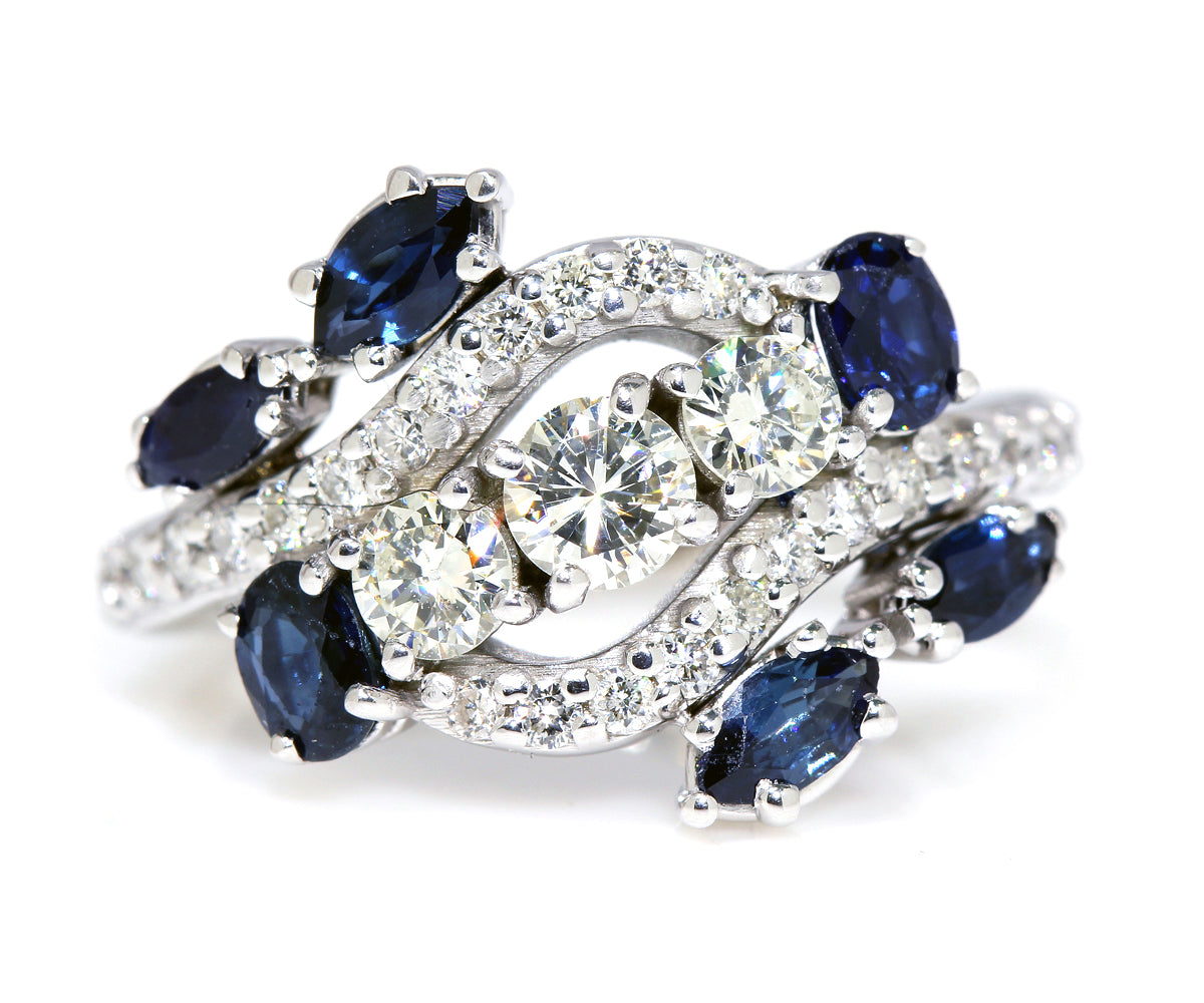 custom redesigned three diamond blue sapphire twist bypass right hand ring