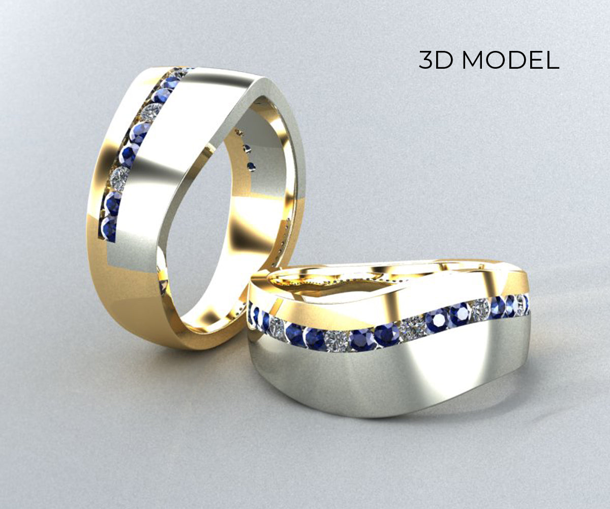 Wavy Two Tone Sapphire Diamond Channel Wedding Band