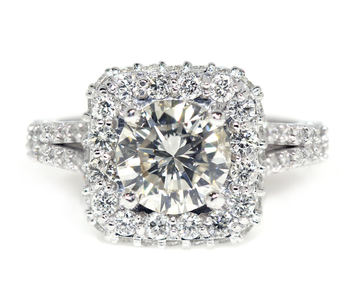 custom designed cushion halo round diamond split shank engagement ring