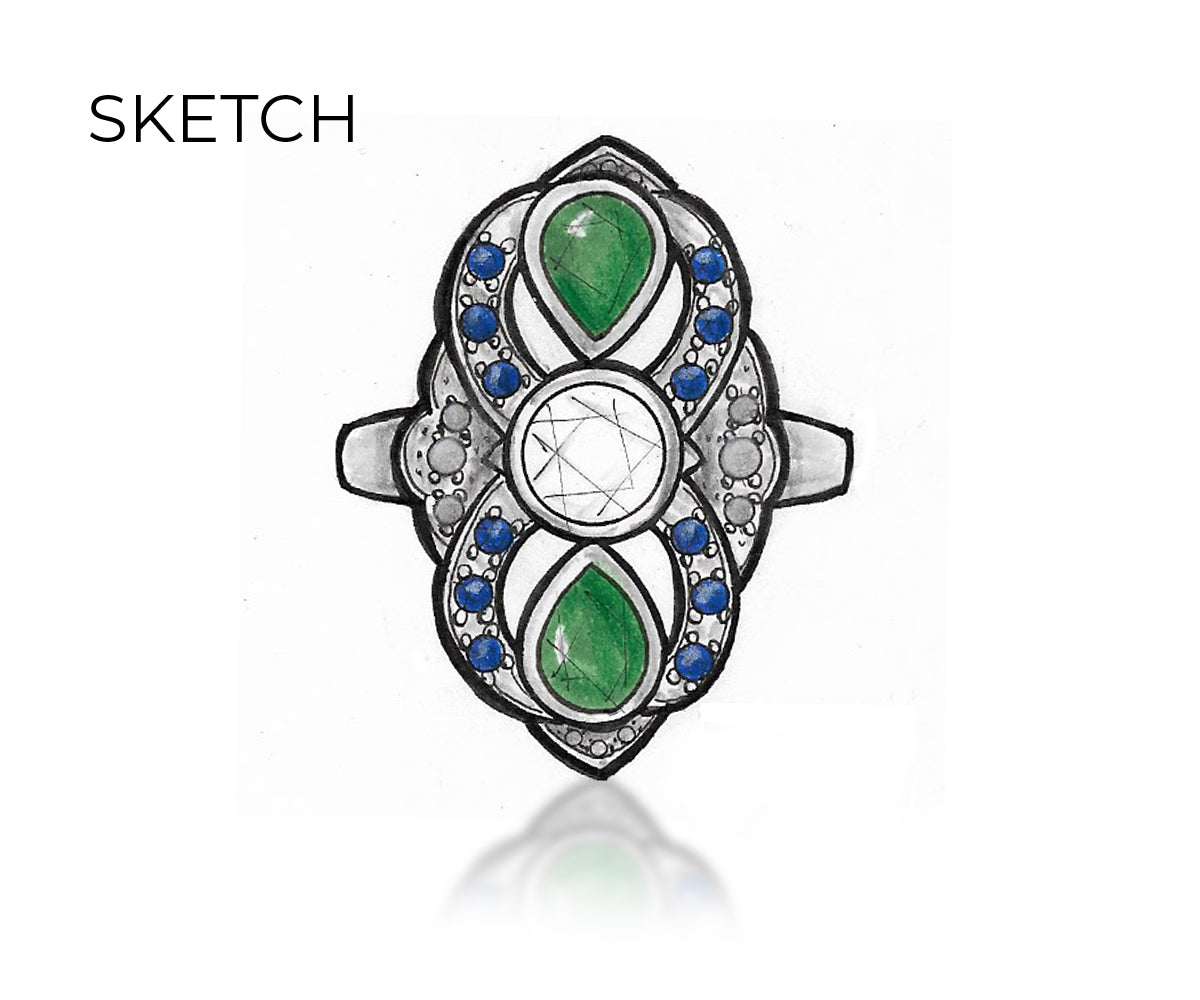 Vintage Inspired Blue Sapphire Tourmaline Diamond Engagement Ring