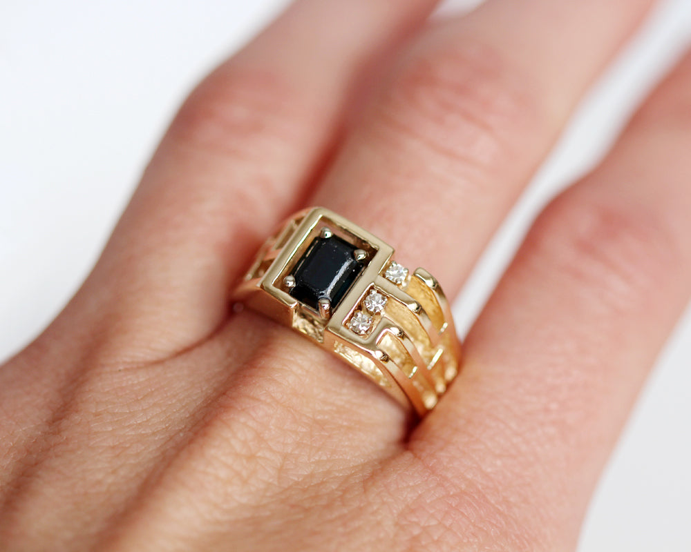 Geometric Cutout Gold Black Diamond Mens Ring