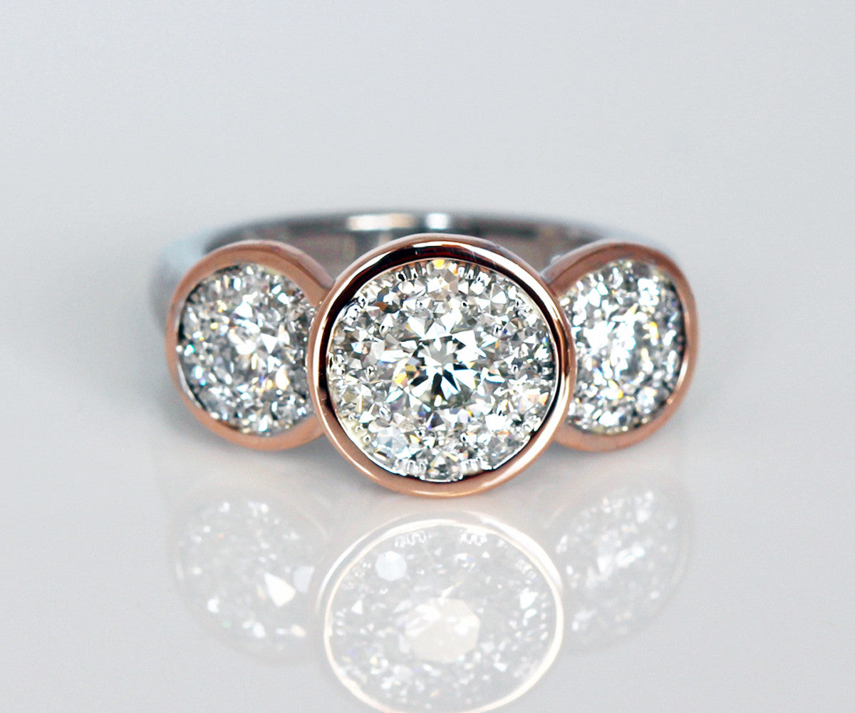 custom round rose gold bezel halo wedding ring redesign