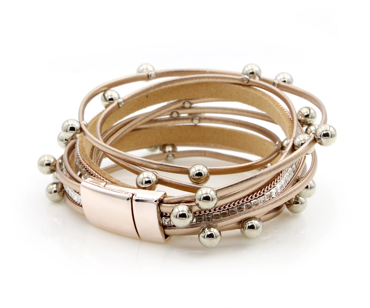Beaded Rose Gold Double Wrap Leather Bracelet