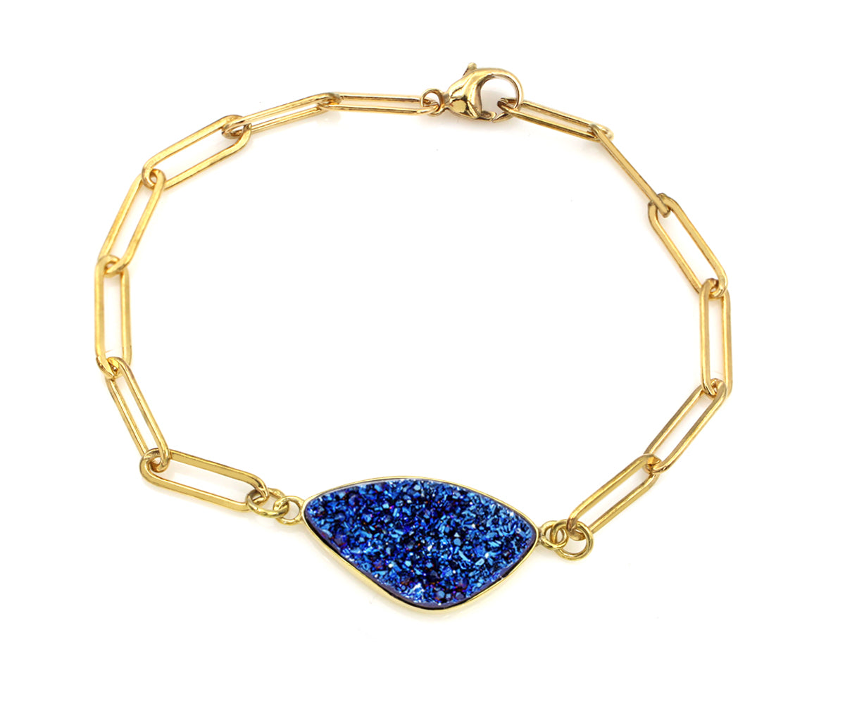 Blue Druzy Long Link Gold Bracelet